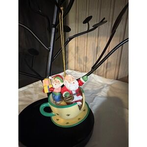 Traditions Vintage Santa and Elf in Teacup Christmas Ornament Holiday Decor